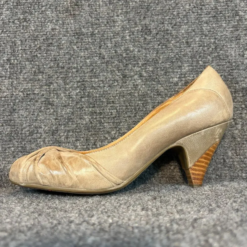 Miz Mooz Womens 8.5 EU 39 Beige Leather Pleated Ruched Round Toe Cone Heel Pumps